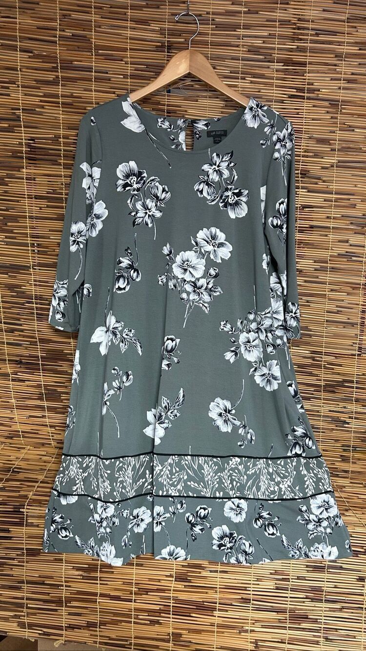 J.Jill Wearever Swing Dress 3/4 Sleeve Grey Floral Large Petite